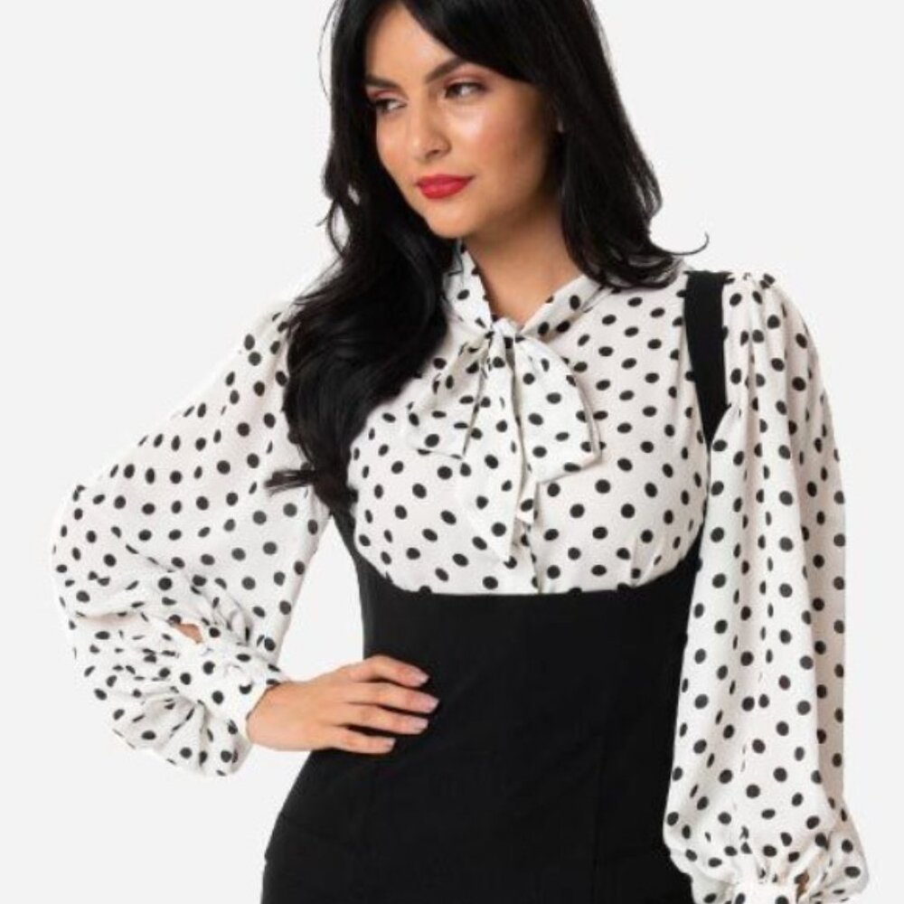 Unique Vintage white & black polka dot bodysuit blouse w/removable tie, M(6/8)